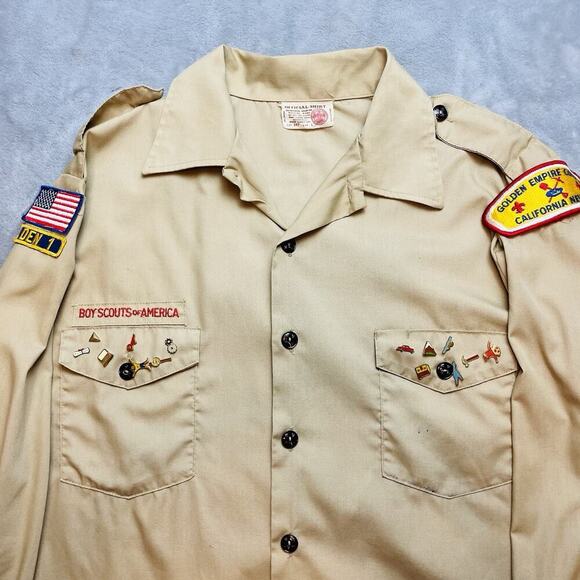 BSA Boy Scouts of America Shirt Mens L Tan Pins Sewn In Patches Golden Empire - Picture 1 of 14